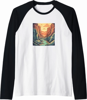Canyon With River Vintage Landscape Colorful Graphic Raglan Baseball Tee