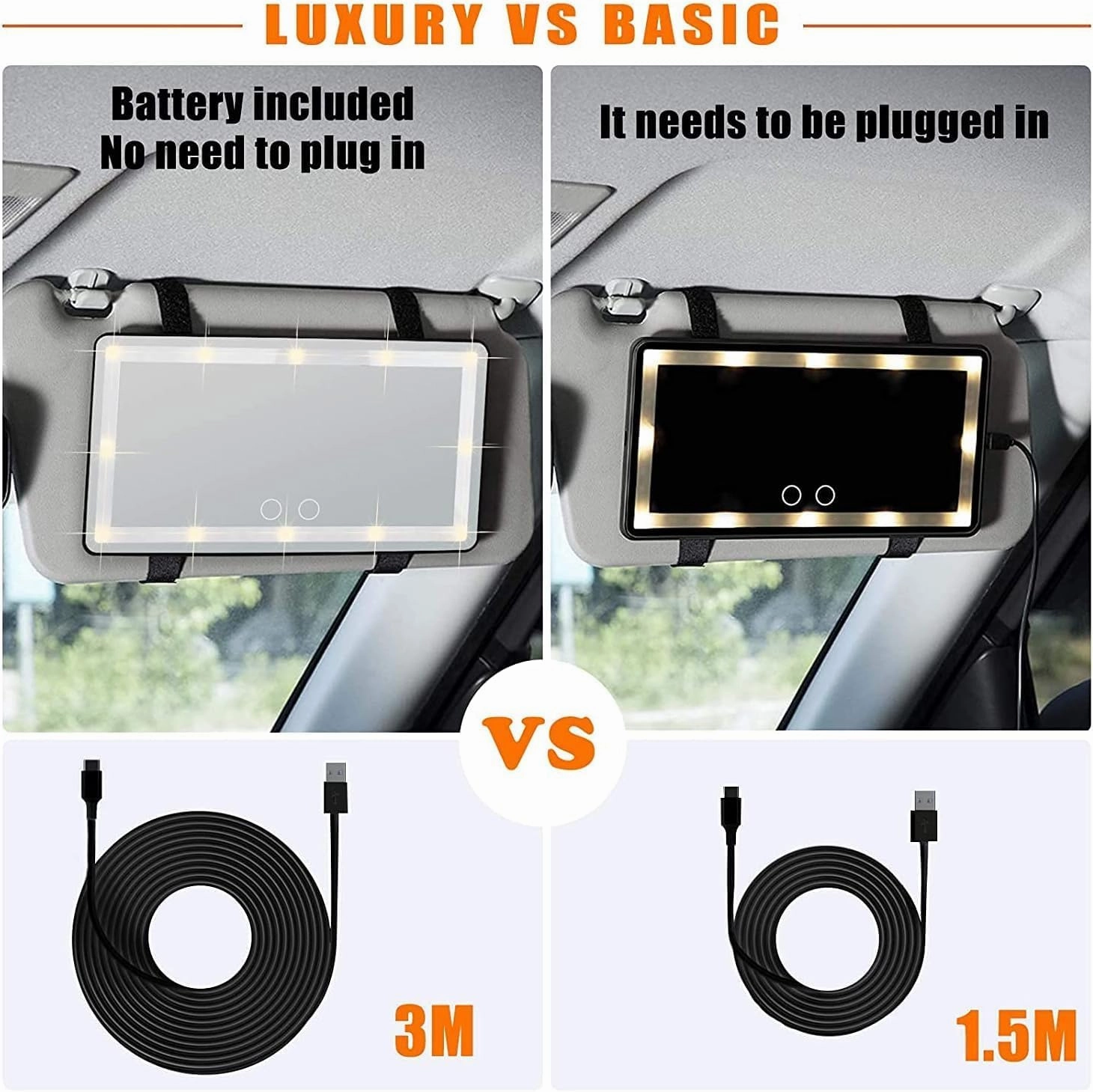 Car Sun Visor Vanity Mirror with Dimmable Touch Screen & Rechargeable LED Light, 3 Light Modes & 60 LEDs, Rear View Sun-Shading Travel Cosmetic Mirror (Pink, 1 Pack)