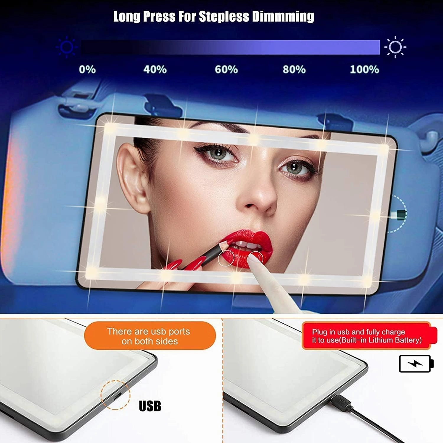 Car Sun Visor Vanity Mirror with Dimmable Touch Screen & Rechargeable LED Light, 3 Light Modes & 60 LEDs, Rear View Sun-Shading Travel Cosmetic Mirror (Pink, 1 Pack)