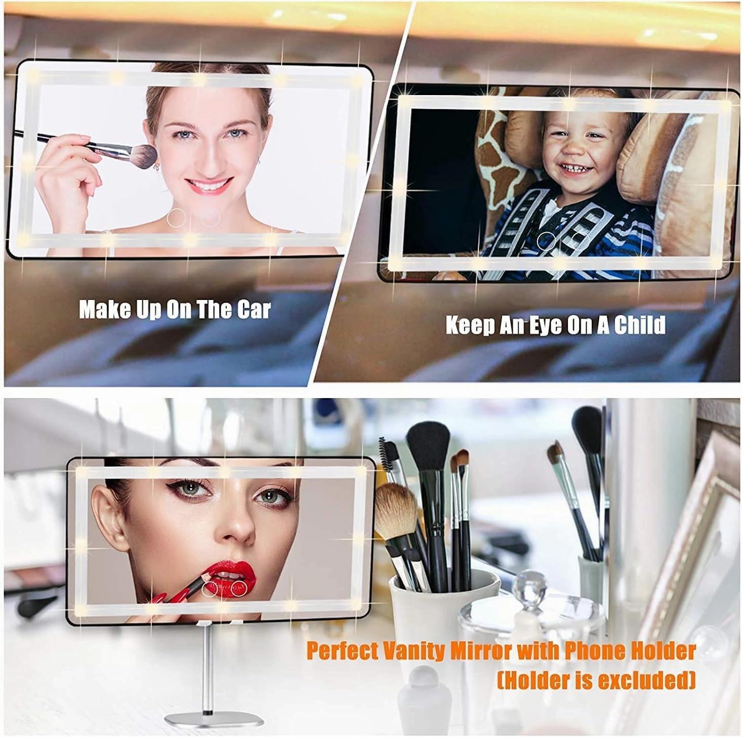 Car Sun Visor Vanity Mirror with Dimmable Touch Screen & Rechargeable LED Light, 3 Light Modes & 60 LEDs, Rear View Sun-Shading Travel Cosmetic Mirror (Pink, 1 Pack)