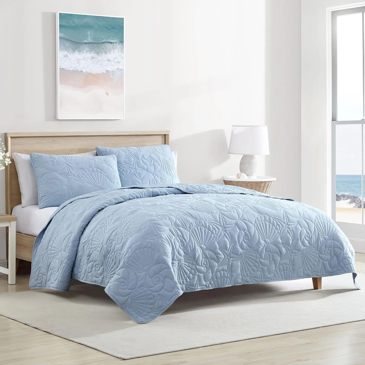 CARIBBEAN JOE King Outlined Shell 3-Piece Quilt Set, Coastal Beach Design Bedding, Blue