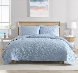CARIBBEAN JOE King Outlined Shell 3-Piece Quilt Set, Coastal Beach Design Bedding, Blue