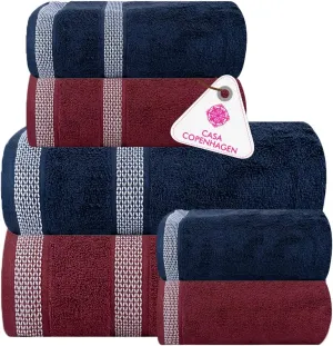 CASA COPENHAGEN Solitaire Mix 6 Pieces Towel Set- Navy Blue   Burgundy, 600 GSM 2Bath Towel 2Hand Towel 2Washcloth, Designed in Denmark Made of Soft Egyptian Cotton for Bathroom, Kitchen & Shower