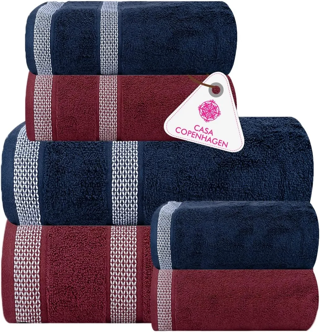 CASA COPENHAGEN Solitaire Mix 6 Pieces Towel Set- Navy Blue   Burgundy, 600 GSM 2Bath Towel 2Hand Towel 2Washcloth, Designed in Denmark Made of Soft Egyptian Cotton for Bathroom, Kitchen & Shower