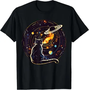 Cat Dad, Lover T-Shirt: Cat Staring at Planet Saturn