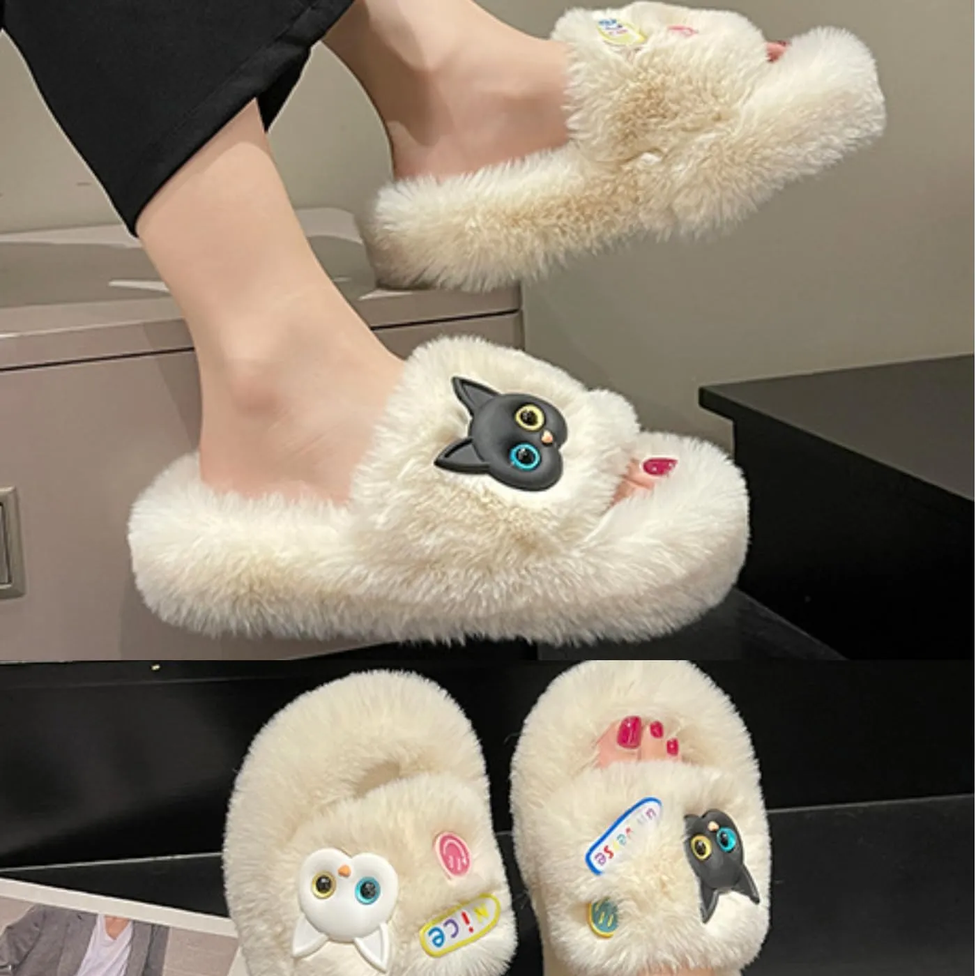 Cat Face Slippers for Women Soft Plush Fuzzy Kawaii Women's Slippers Ultra Comfy Cute House Shoes Open Toe Indoor Outdoor Soft Thick Sole