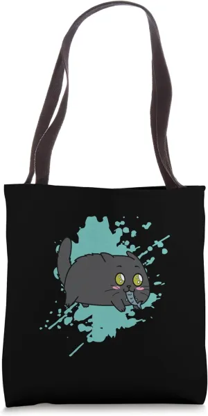 Cat with Fish in Mouth in Kawaii Style Animal Tote Bag