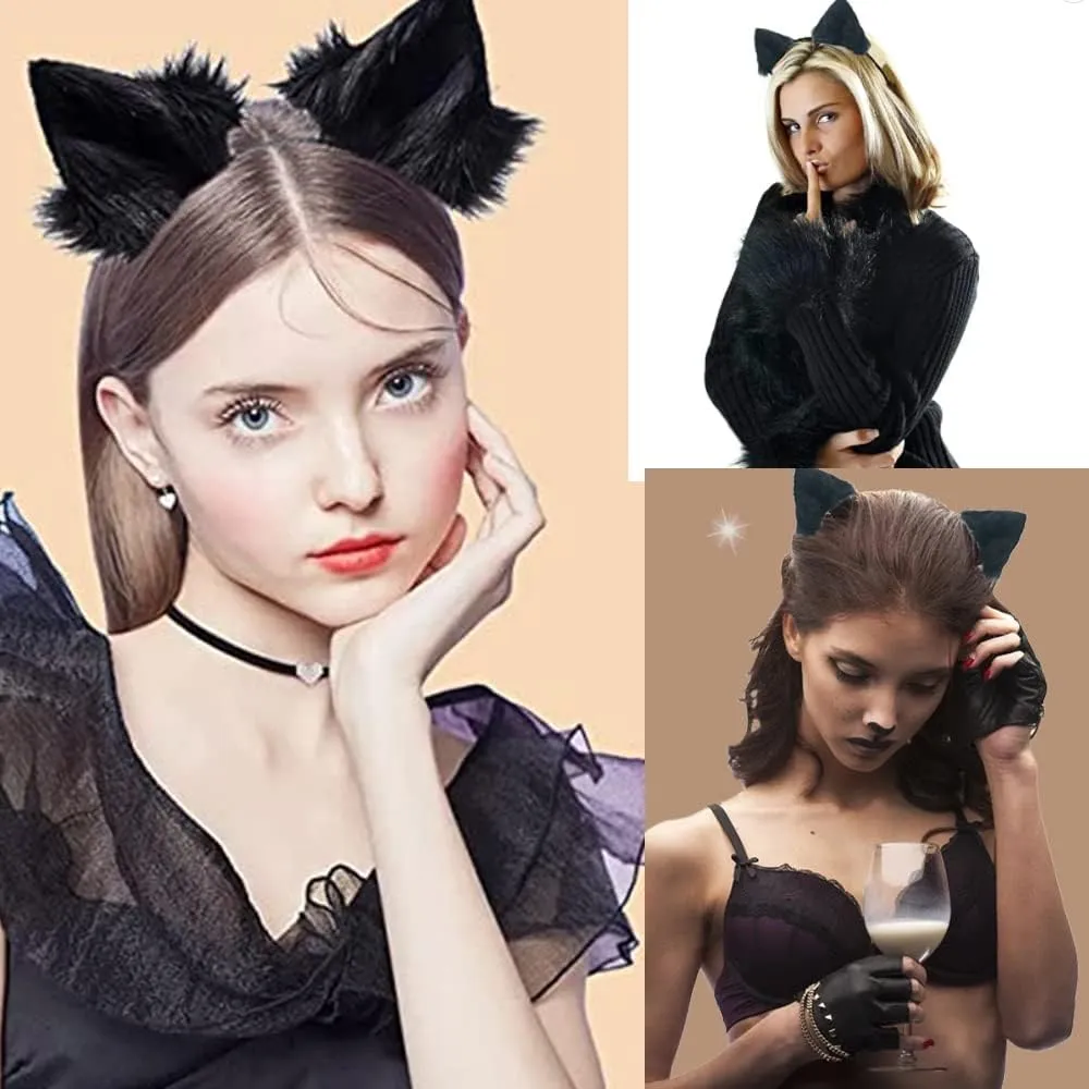 Cat Wolf Fox Ears and Tail Set for Kids Fluffy Fox Tail Cosplay Party Wolf Costume Fox Tail Keychain Halloween