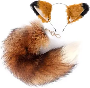 Cat Wolf Fox Ears and Tail Set for Kids Fluffy Fox Tail Cosplay Party Wolf Costume Fox Tail Keychain Halloween
