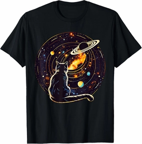Cat Dad, Lover T-Shirt: Cat Staring at Planet Saturn