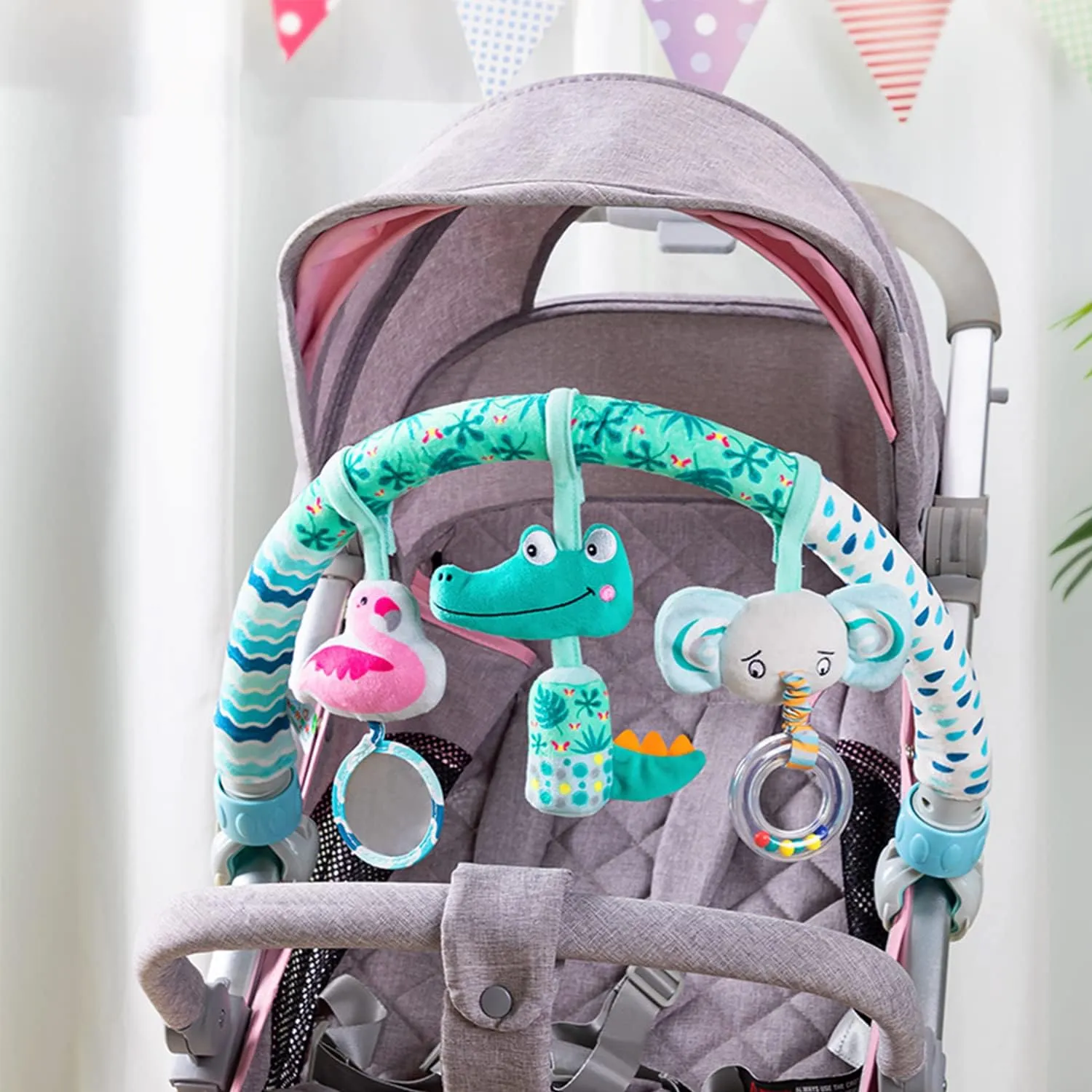 Caterbee Baby Bouncer Toy bar, Clip on Crib & Pram Activity Bar Toy Travel Arch Bassinet Toys for Toddlers (Animal)