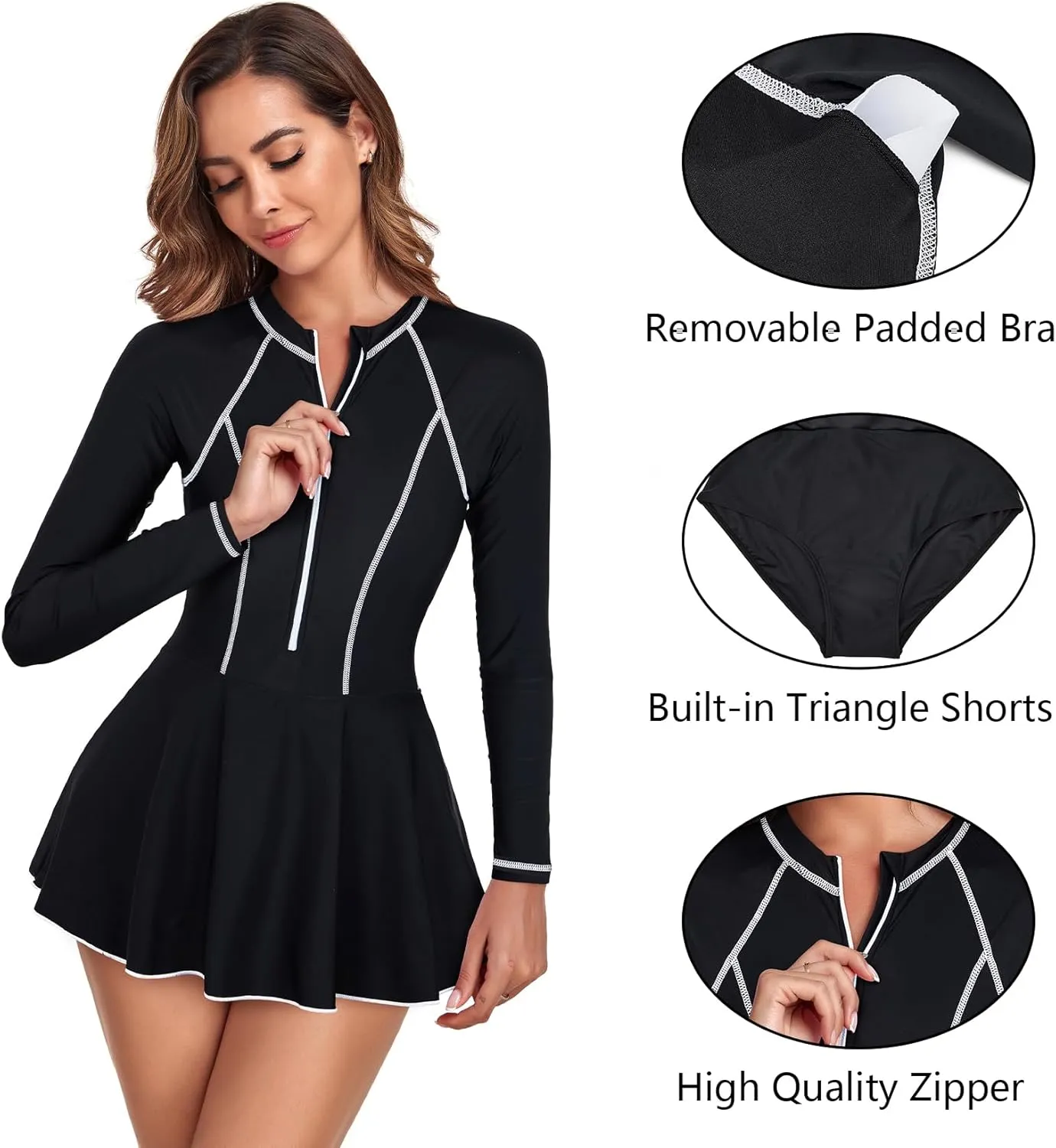 Century Star Long Sleeve Swimsuits Swim Dress Women Teen Girls Rash Guard Modest One Piece Swimwear with Skirt Bathing Suit