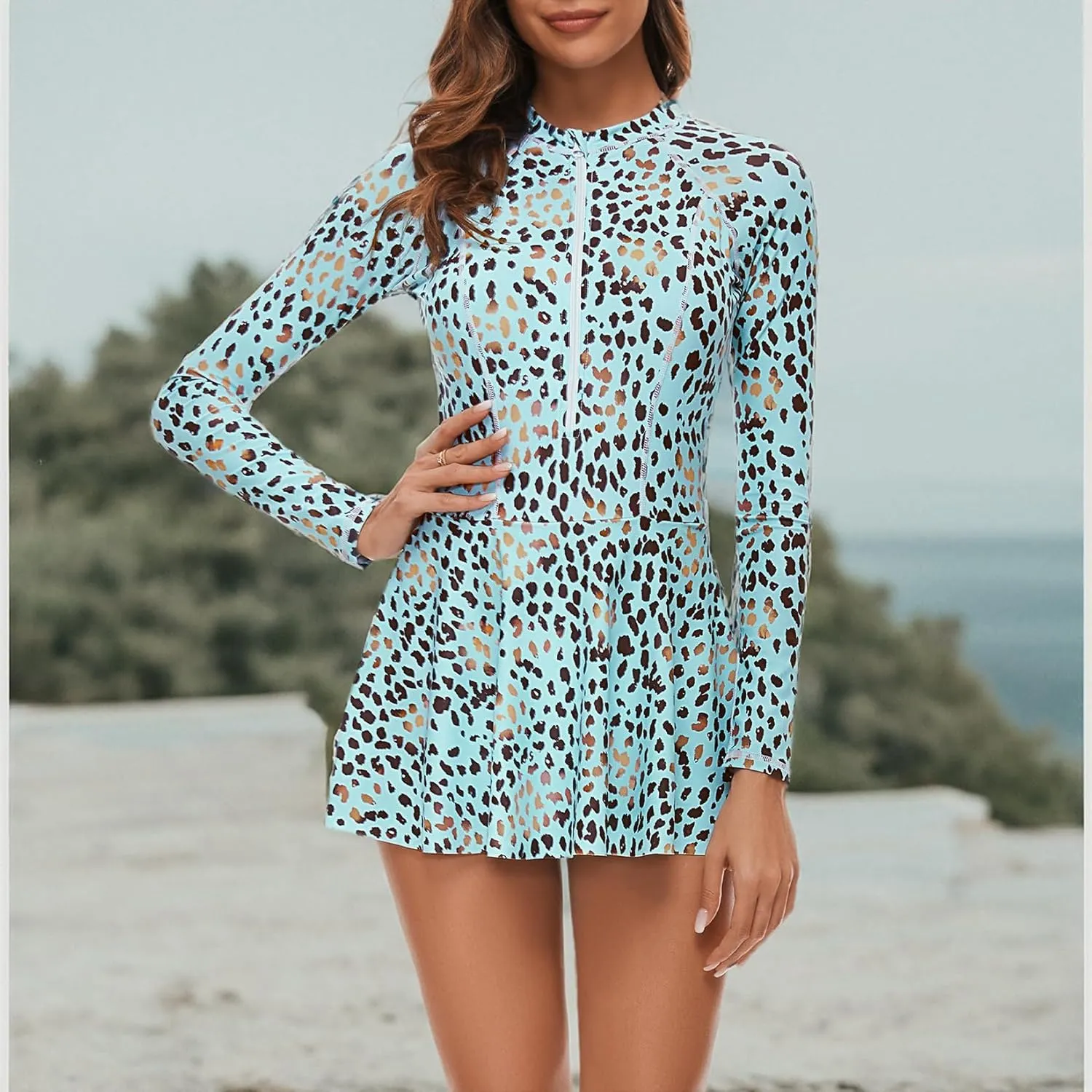 Century Star Long Sleeve Swimsuits Swim Dress Women Teen Girls Rash Guard Modest One Piece Swimwear with Skirt Bathing Suit