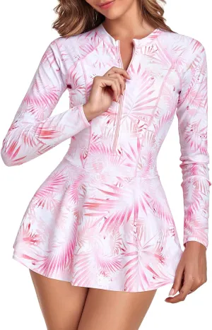 Century Star Long Sleeve Swimsuits Swim Dress Women Teen Girls Rash Guard Modest One Piece Swimwear with Skirt Bathing Suit