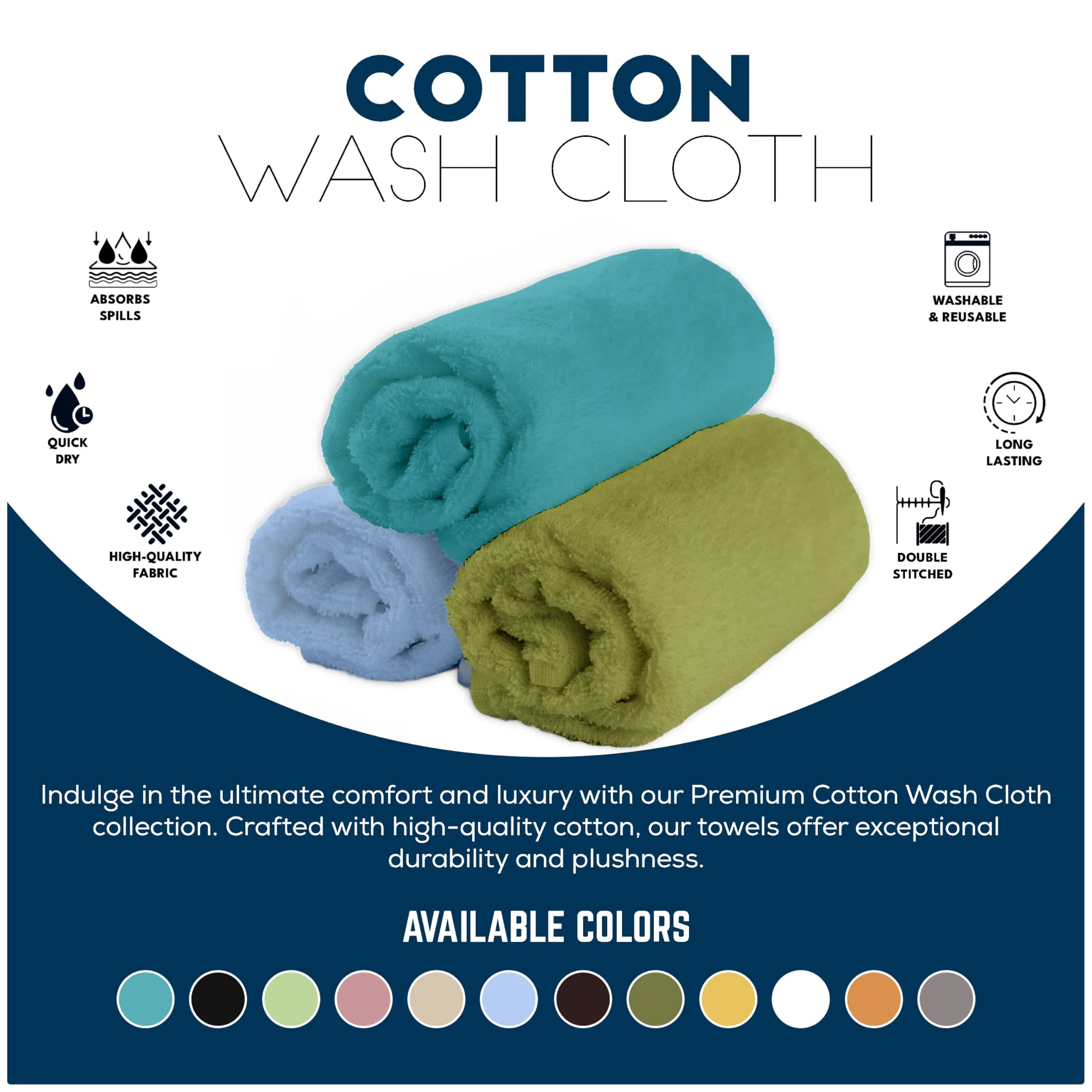 CH 100% Cotton Washcloths Pack of 12 - (12 x 12) - Ultra Soft Towels for Bathroom and Home, High Durability and Absorbency, Convenient and Stylish Wash Cloths - Bright Multicolors