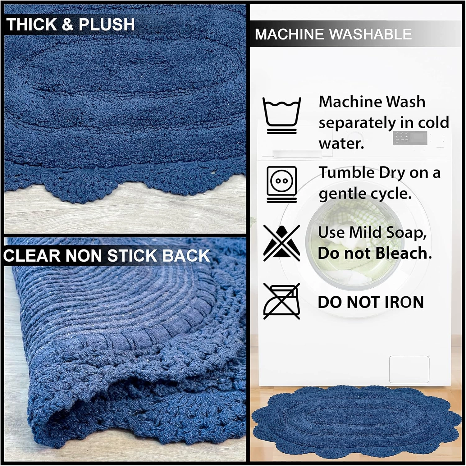 Chardin home Blue Crochet Bathrug,100% Cotton Round bathmat with artisanally Handcrafted Crochet Border, 24 Inch Diameter, Perfect for Half Baths, Powder Rooms, bathrooms