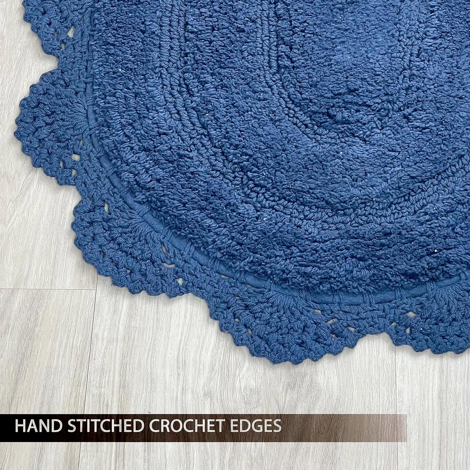 Chardin home Blue Crochet Bathrug,100% Cotton Round bathmat with artisanally Handcrafted Crochet Border, 24 Inch Diameter, Perfect for Half Baths, Powder Rooms, bathrooms