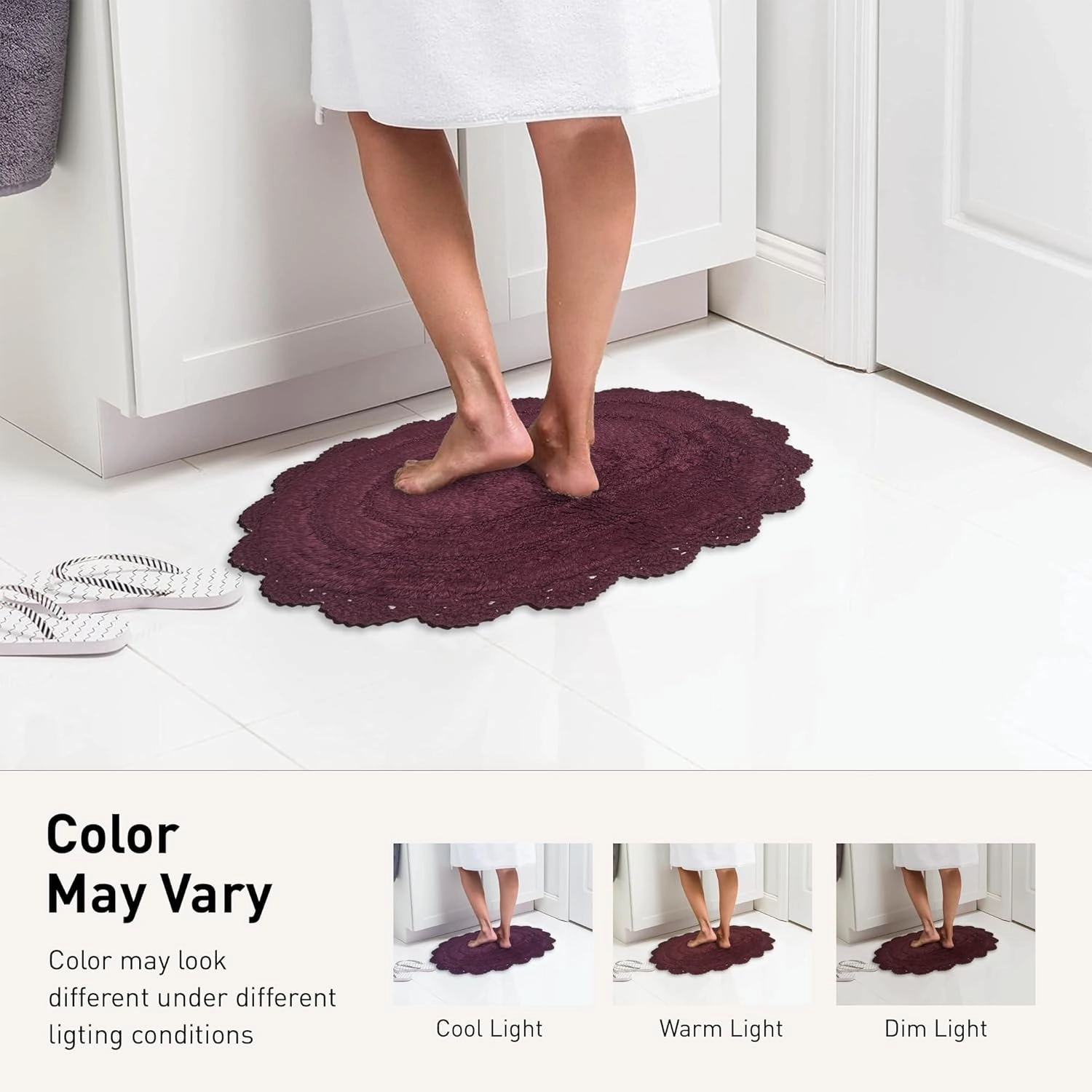 Chardin home Burgundy Crochet Bathrug,100% Cotton Round bathmat with artisanally Handcrafted Crochet Border, 24 Inch Diameter, Perfect for Half Baths, Powder Rooms, bathrooms