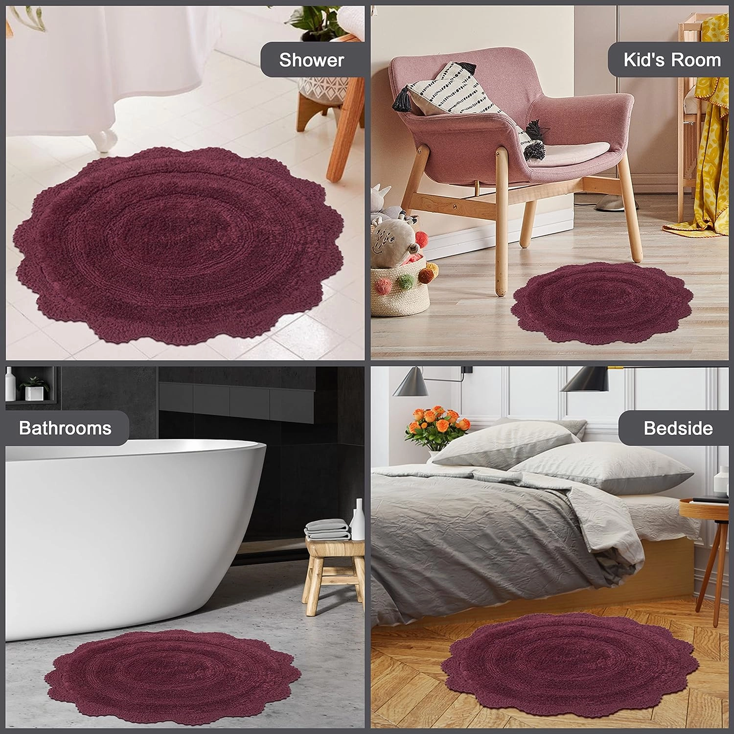 Chardin home Burgundy Crochet Bathrug,100% Cotton Round bathmat with artisanally Handcrafted Crochet Border, 24 Inch Diameter, Perfect for Half Baths, Powder Rooms, bathrooms