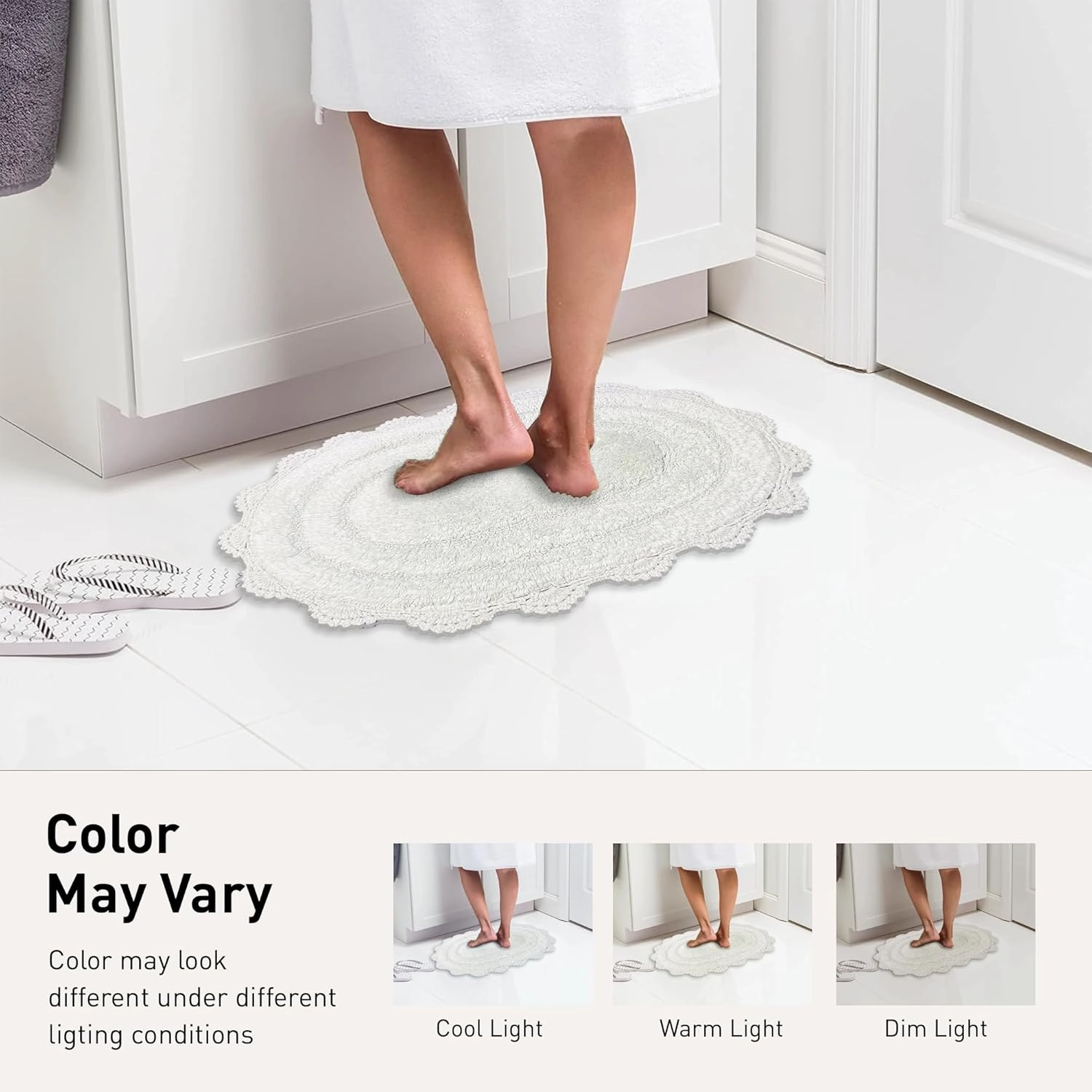 Chardin home White Crochet Bathrug,100% Cotton Round bathmat with artisanally Handcrafted Crochet Border, 24 Inch Diameter, Perfect for Half Baths, Powder Rooms, bathrooms
