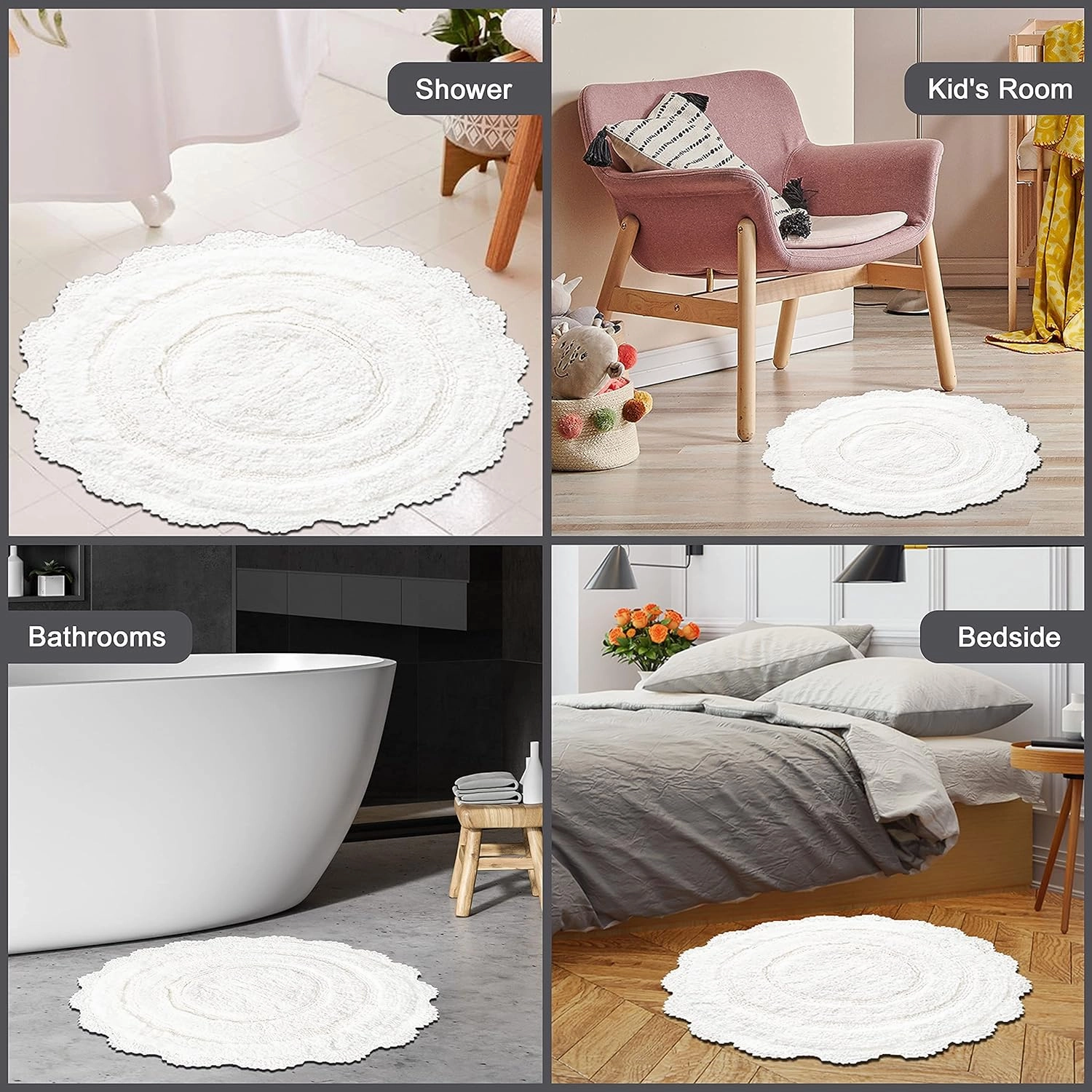 Chardin home White Crochet Bathrug,100% Cotton Round bathmat with artisanally Handcrafted Crochet Border, 24 Inch Diameter, Perfect for Half Baths, Powder Rooms, bathrooms
