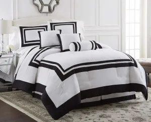Chezmoi Collection Caprice 7-Piece Hotel Style Comforter Set - White/Black Square Pattern Modern Color Block Bedding with Decorative Pillows - Luxurious Lightweight All Season Bed Set, Queen