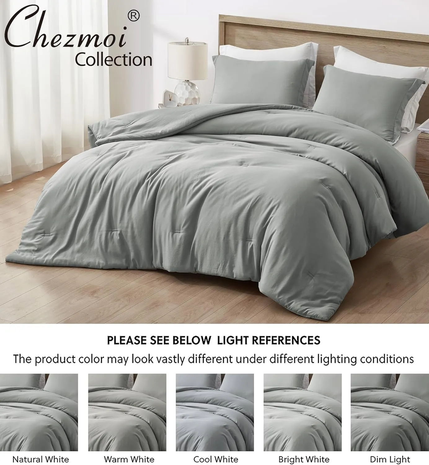 Chezmoi Collection Cliff 3-Piece Lightweight Cooling Comforter Set, Queen- Rayon Derived from Bamboo & Polyester Blended, Soft Breathable Bedding for Hot Sleepers, Light Gray