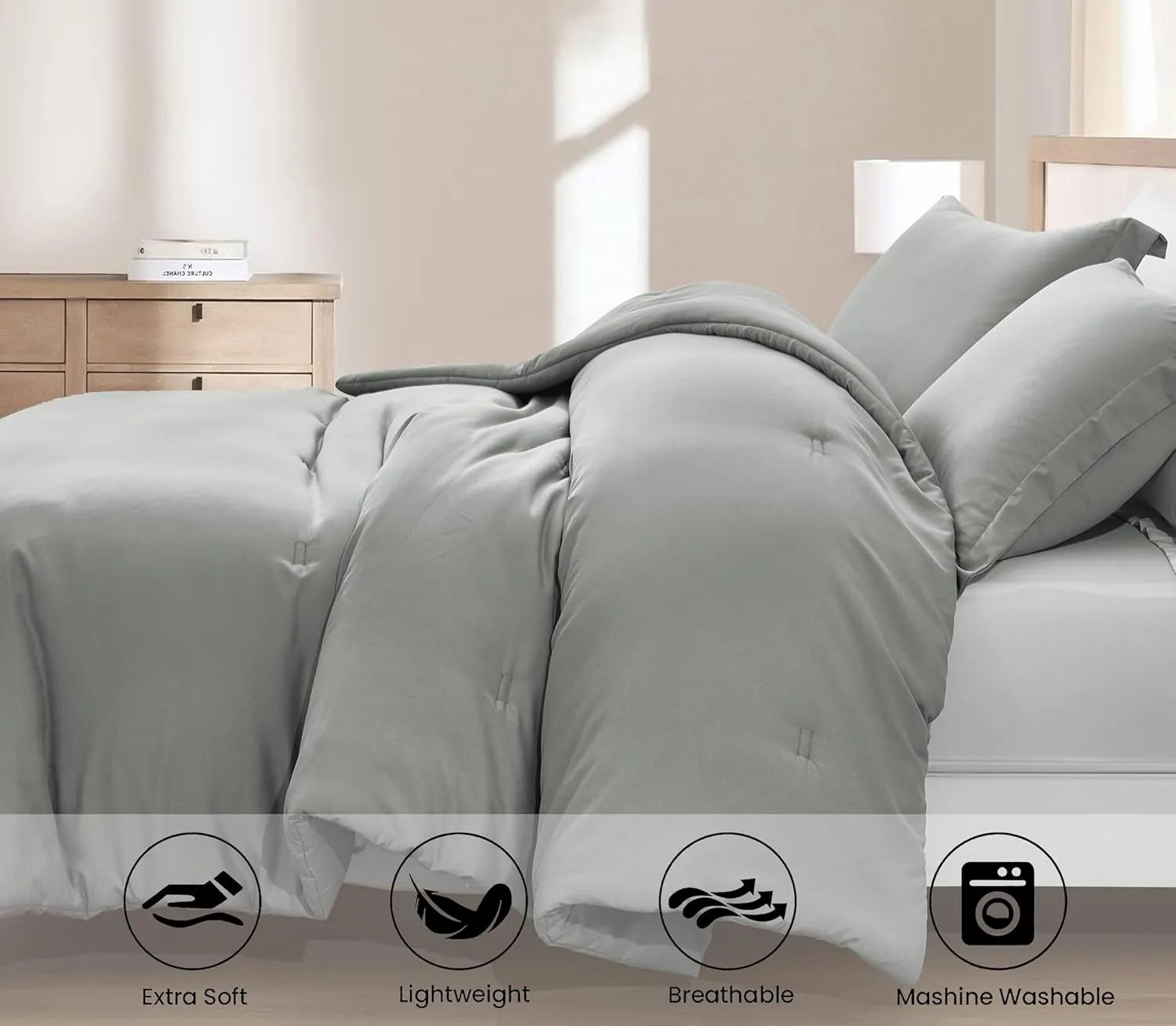 Chezmoi Collection Cliff 3-Piece Lightweight Cooling Comforter Set, Queen- Rayon Derived from Bamboo & Polyester Blended, Soft Breathable Bedding for Hot Sleepers, Light Gray
