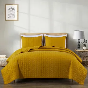 Chezmoi Collection Madrid 3-Piece Mustard Yellow Cotton Quilt Set King Size - Herringbone Quilted Lightweight Vintage Washed 100% Cotton Reversible Bedspread Set for All Season