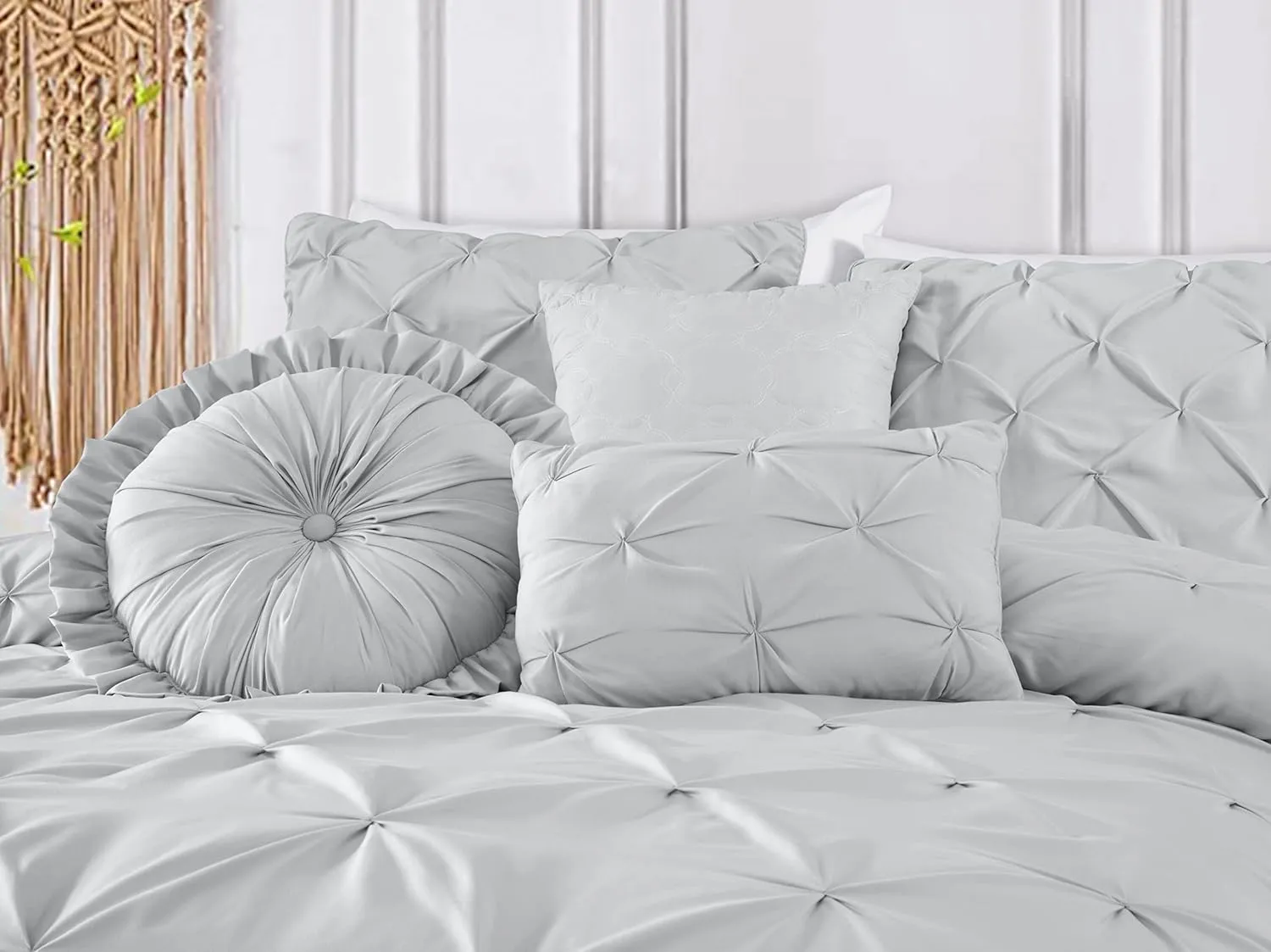 Chezmoi Collection Sydney King Size Comforter Set - 7-Piece Pintuck Bedding - Light Gray, Elegant Lightweight Pinch Pleat Comforter with Decorative Pillows Bed Set for All Season