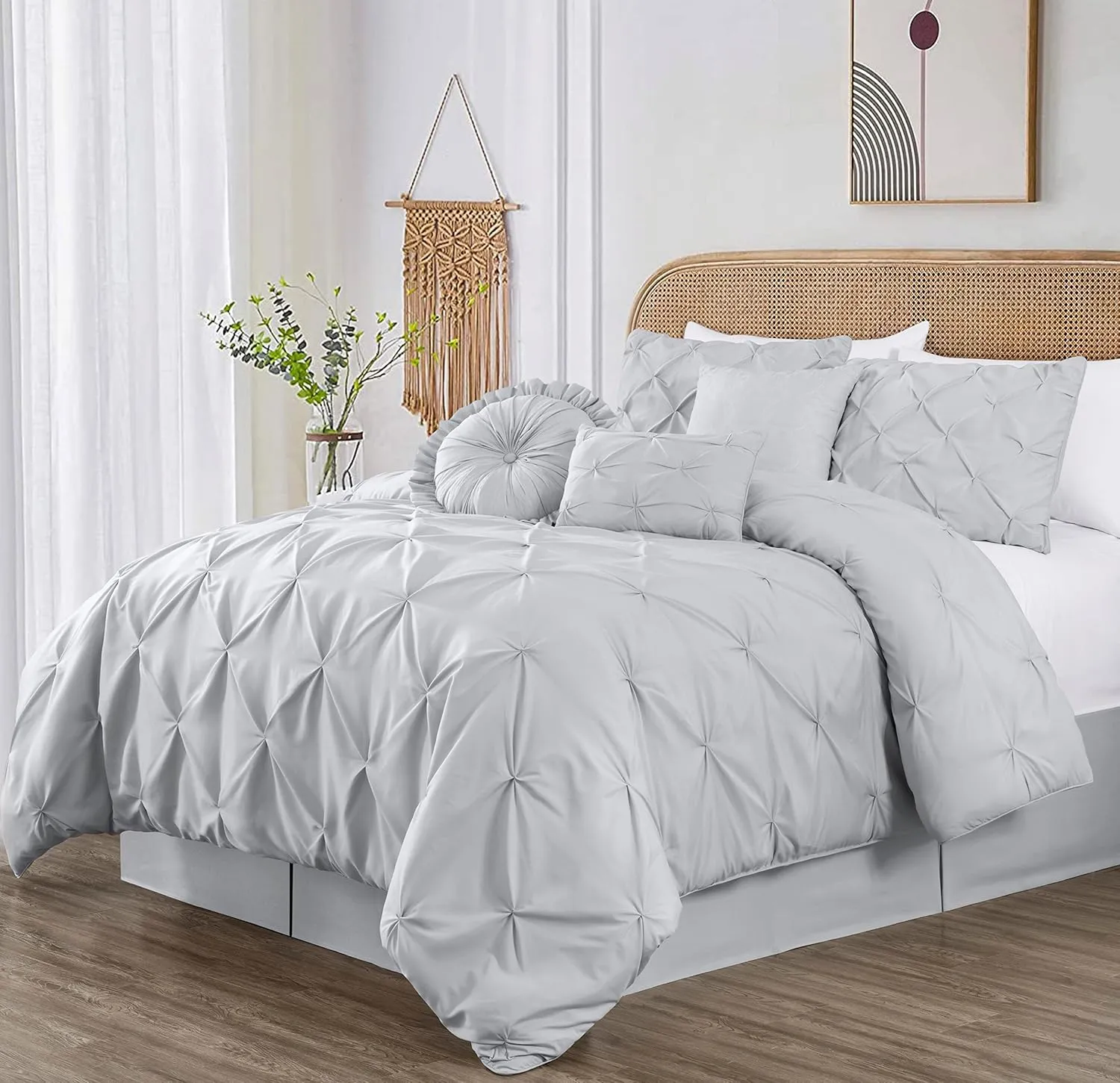 Chezmoi Collection Sydney King Size Comforter Set - 7-Piece Pintuck Bedding - Light Gray, Elegant Lightweight Pinch Pleat Comforter with Decorative Pillows Bed Set for All Season