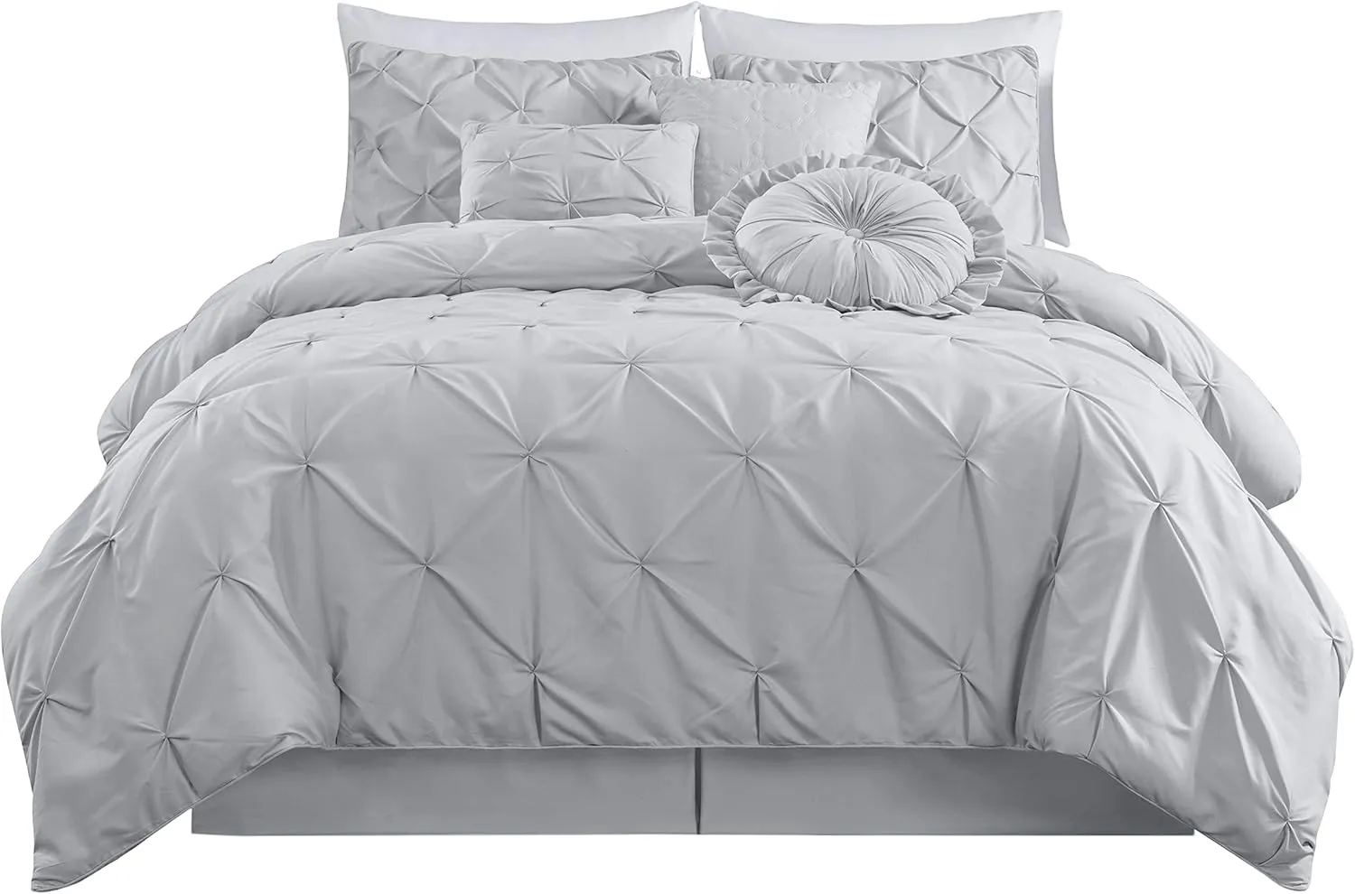 Chezmoi Collection Sydney King Size Comforter Set - 7-Piece Pintuck Bedding - Light Gray, Elegant Lightweight Pinch Pleat Comforter with Decorative Pillows Bed Set for All Season
