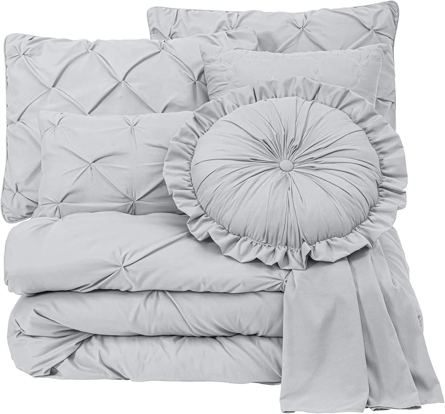 Chezmoi Collection Sydney King Size Comforter Set - 7-Piece Pintuck Bedding - Light Gray, Elegant Lightweight Pinch Pleat Comforter with Decorative Pillows Bed Set for All Season