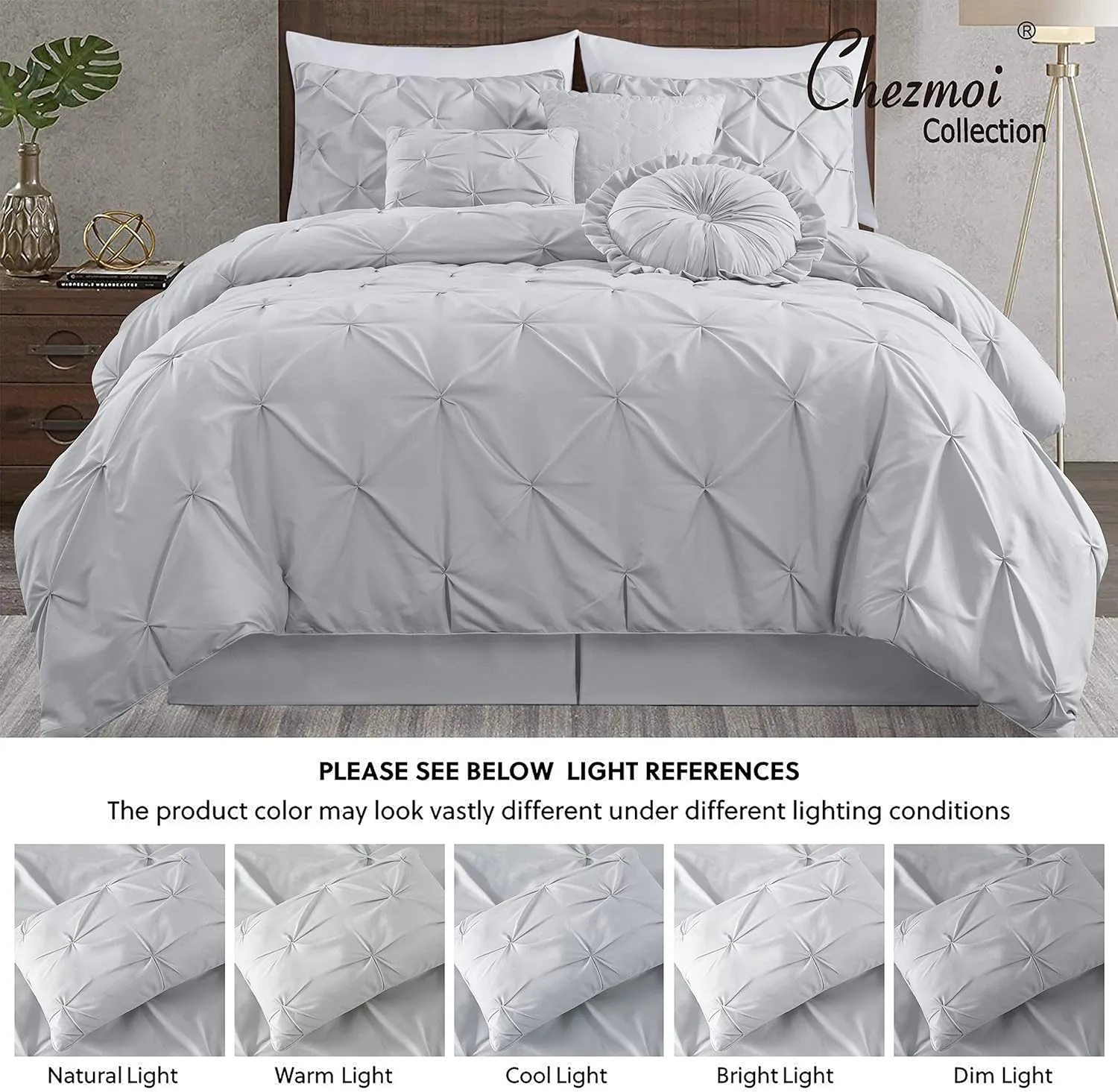 Chezmoi Collection Sydney King Size Comforter Set - 7-Piece Pintuck Bedding - Light Gray, Elegant Lightweight Pinch Pleat Comforter with Decorative Pillows Bed Set for All Season