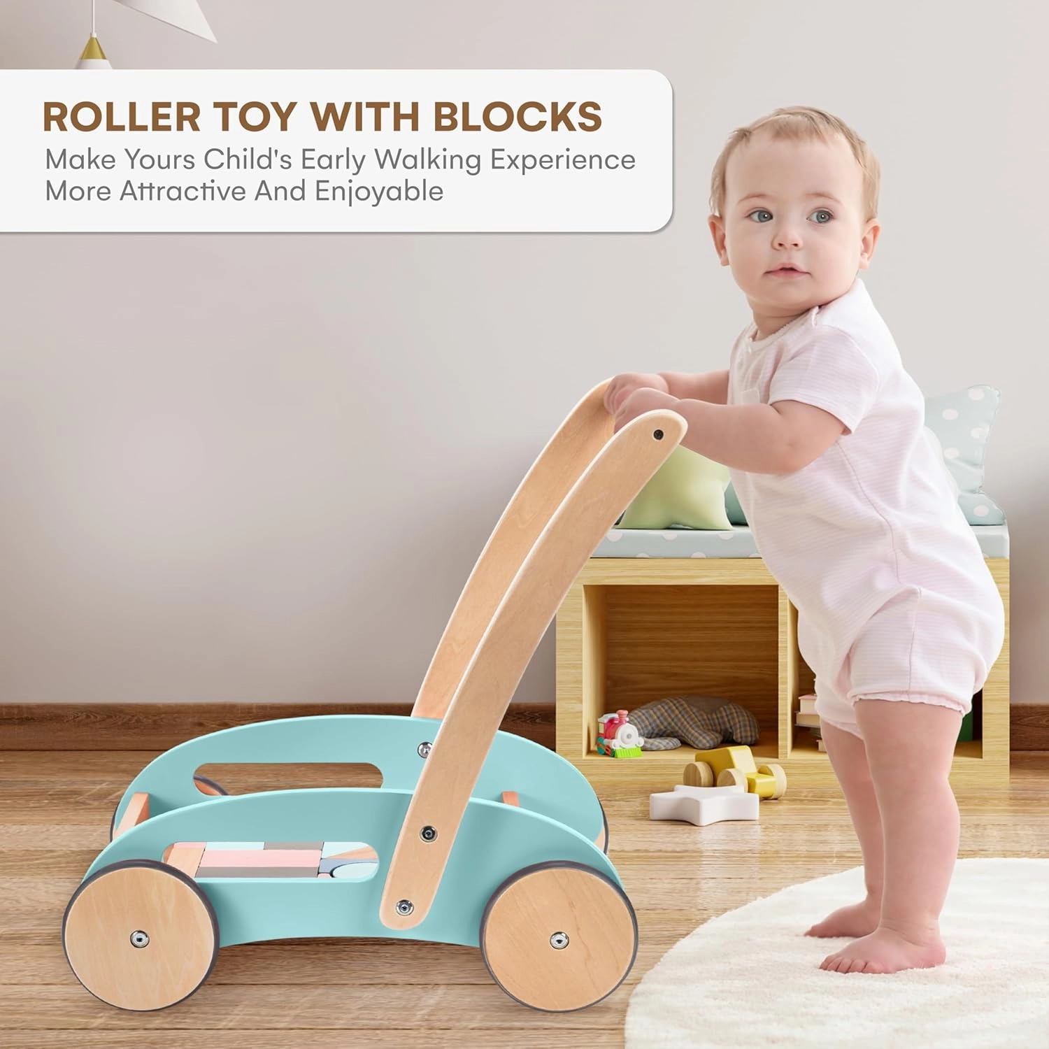 Childlike Behavior Baby Walker Push Toy - Baby Push Walker with Wheels - Push Walkers for 1 Year Old - Push Toy with Building Blocks for Babies, Toddler Kids - Baby Walker Toy - Step Walking Act