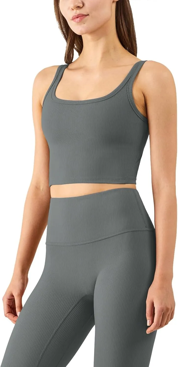 Chilylori Women's Seamless Sports Bra Workout Crop Top Ribbed Padded Longline Wirefree Medium Support Tank Tops Fitness