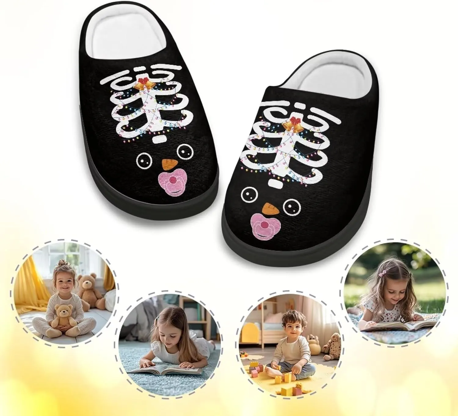 Christmas Plush Slippers for Kids Winter Warm Soft Flannel Cotton Slippers Furry Non-Slip House Outdoor Slippers for Child US 9-15