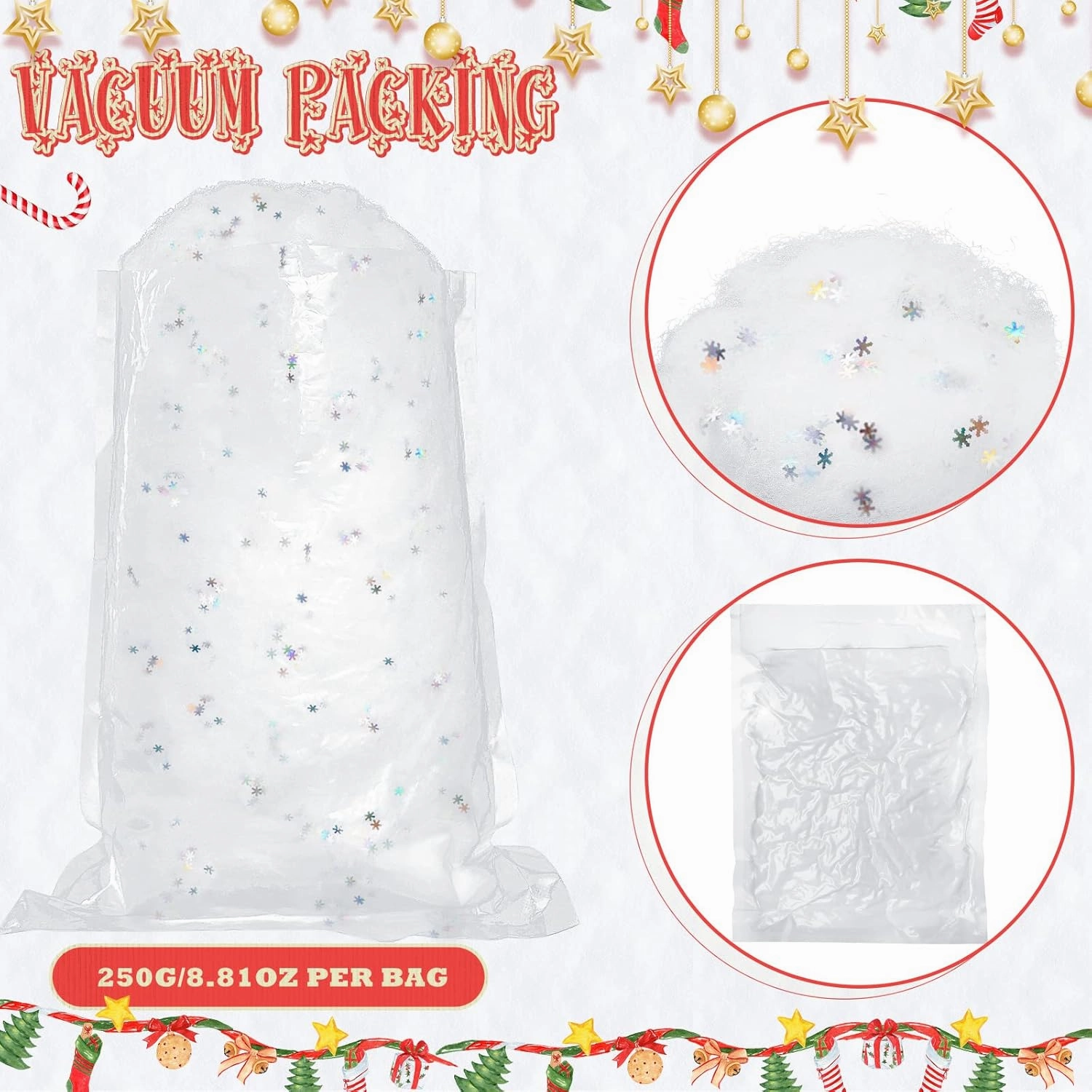 Christmas Fake Snow Fluffy Artificial Snow with Christmas Snowflake Glitter Confetti Fake Indoor Snow Blanket Realistic Snow Decor for Christmas Displays Christmas Tree Village (250 g/ 8.82 ounce)