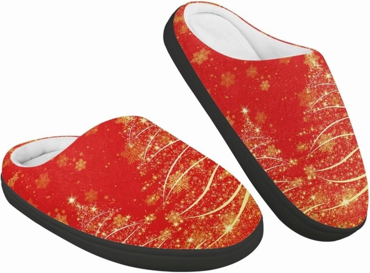 Christmas Plush Slippers for Kids Cozy Winter Warm Fuzzy Cotton Flannel House Slippers Breathable Anti-Skid Outdoor Slippers for Child US 9-15