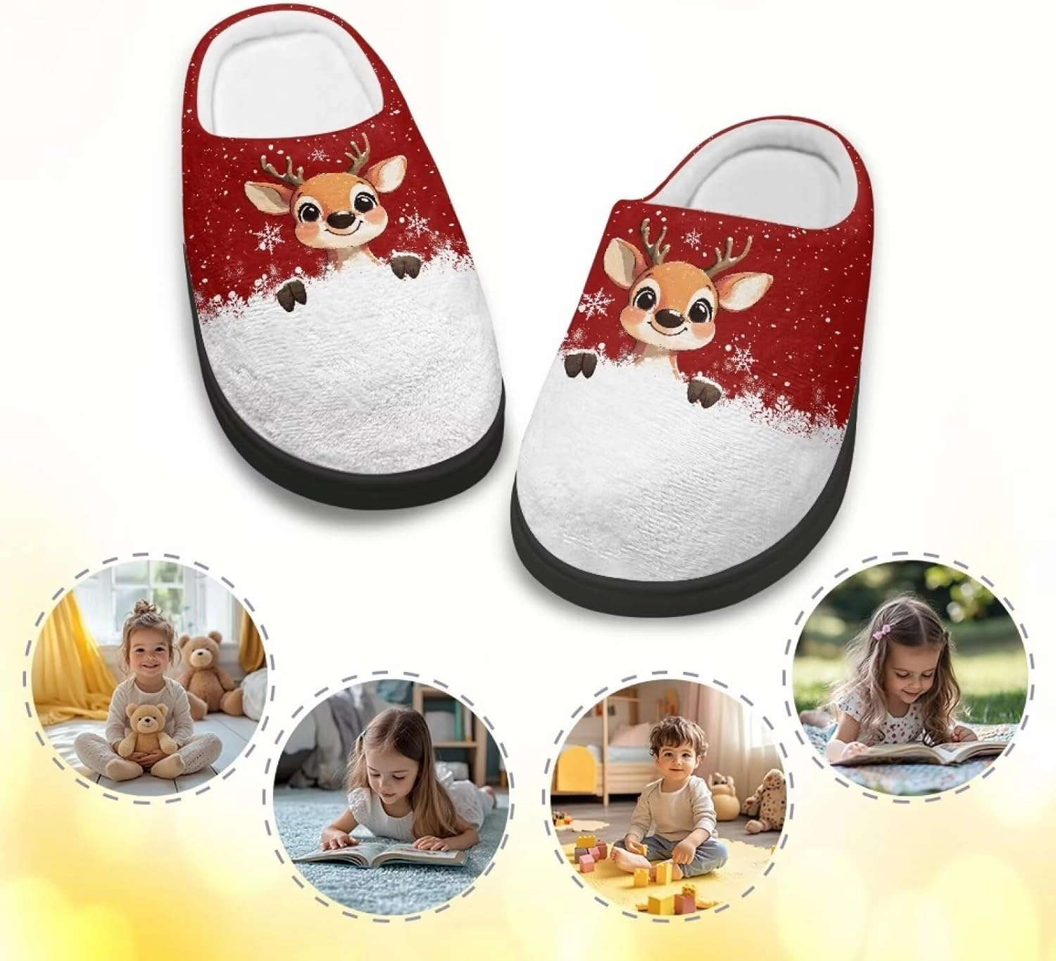 Christmas Plush Slippers for Kids Cozy Winter Warm Fuzzy Cotton Flannel House Slippers Breathable Anti-Skid Outdoor Slippers for Child US 9-15