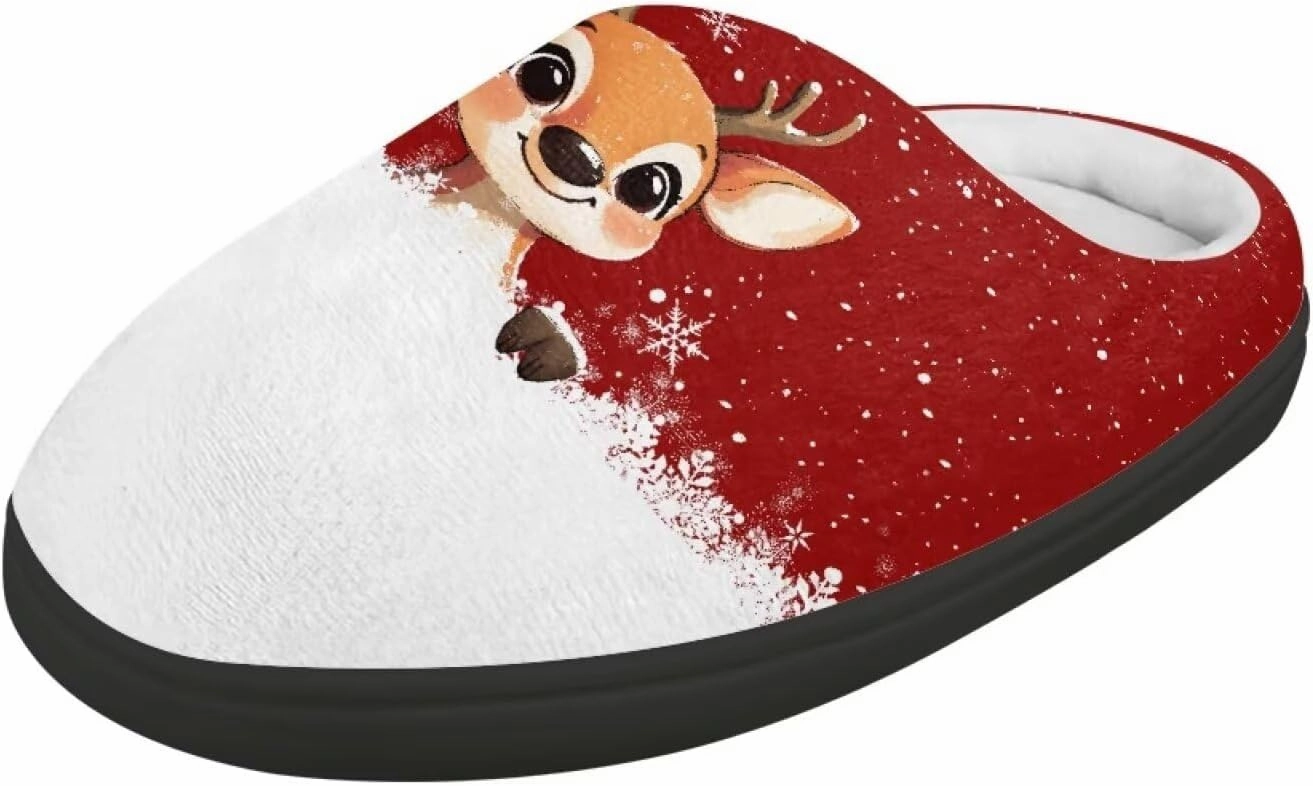Christmas Plush Slippers for Kids Cozy Winter Warm Fuzzy Cotton Flannel House Slippers Breathable Anti-Skid Outdoor Slippers for Child US 9-15