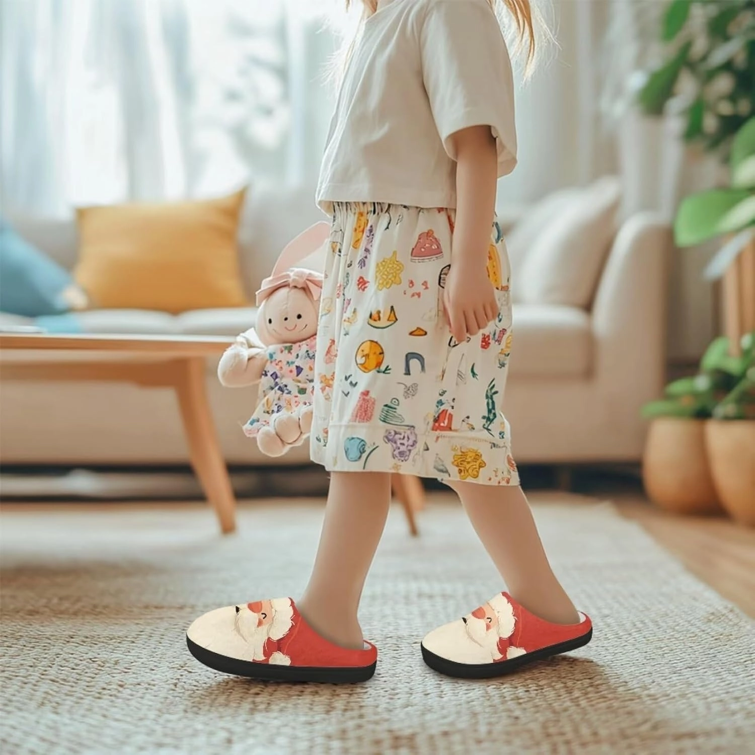 Christmas Plush Slippers for Kids Cozy Winter Warm Fuzzy Cotton Flannel House Slippers Breathable Anti-Skid Outdoor Slippers for Child US 9-15