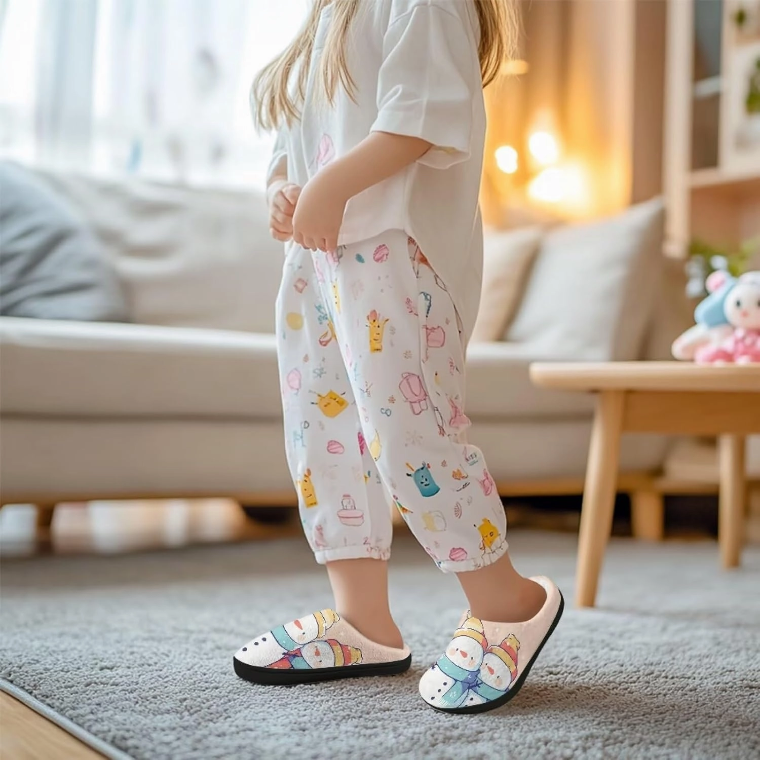 Christmas Plush Slippers for Kids Cozy Winter Warm Fuzzy Cotton Flannel House Slippers Breathable Anti-Skid Outdoor Slippers for Child US 9-15