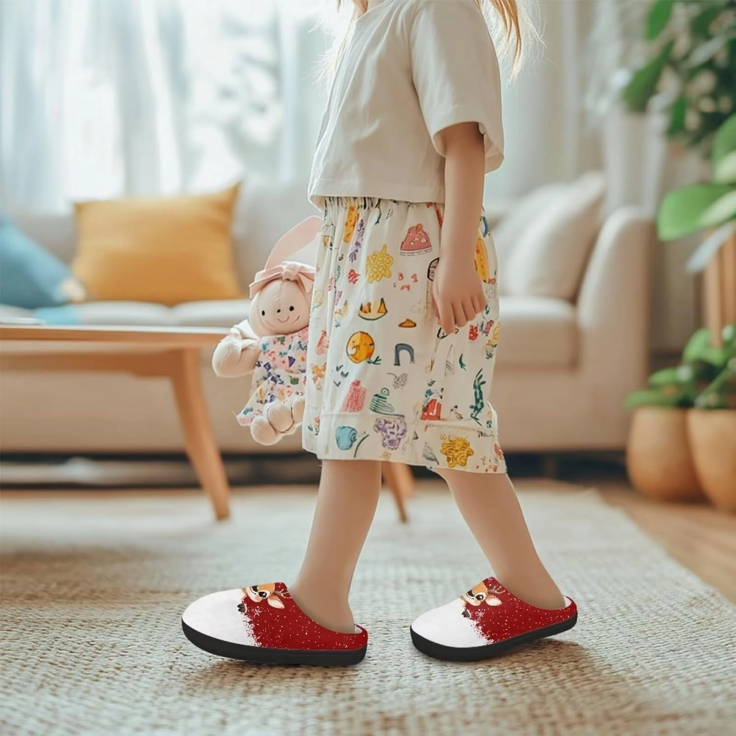 Christmas Plush Slippers for Kids Cozy Winter Warm Fuzzy Cotton Flannel House Slippers Breathable Anti-Skid Outdoor Slippers for Child US 9-15