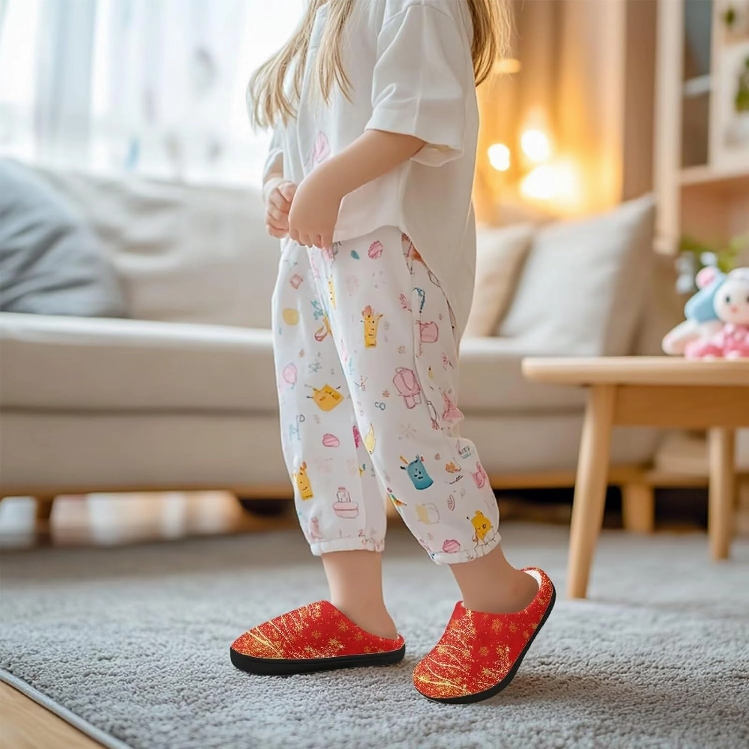 Christmas Plush Slippers for Kids Cozy Winter Warm Fuzzy Cotton Flannel House Slippers Breathable Anti-Skid Outdoor Slippers for Child US 9-15