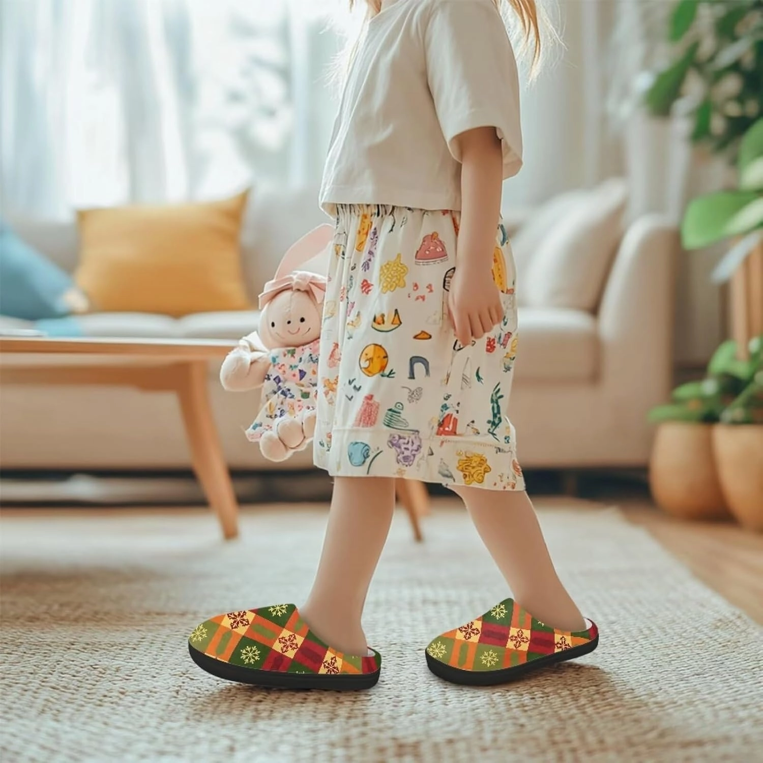 Christmas Plush Slippers for Kids Winter Warm Cozy Fluffy Breathable Cotton House Slippers Flannel Non-Slip Outdoor Slippers for Child US 9-15
