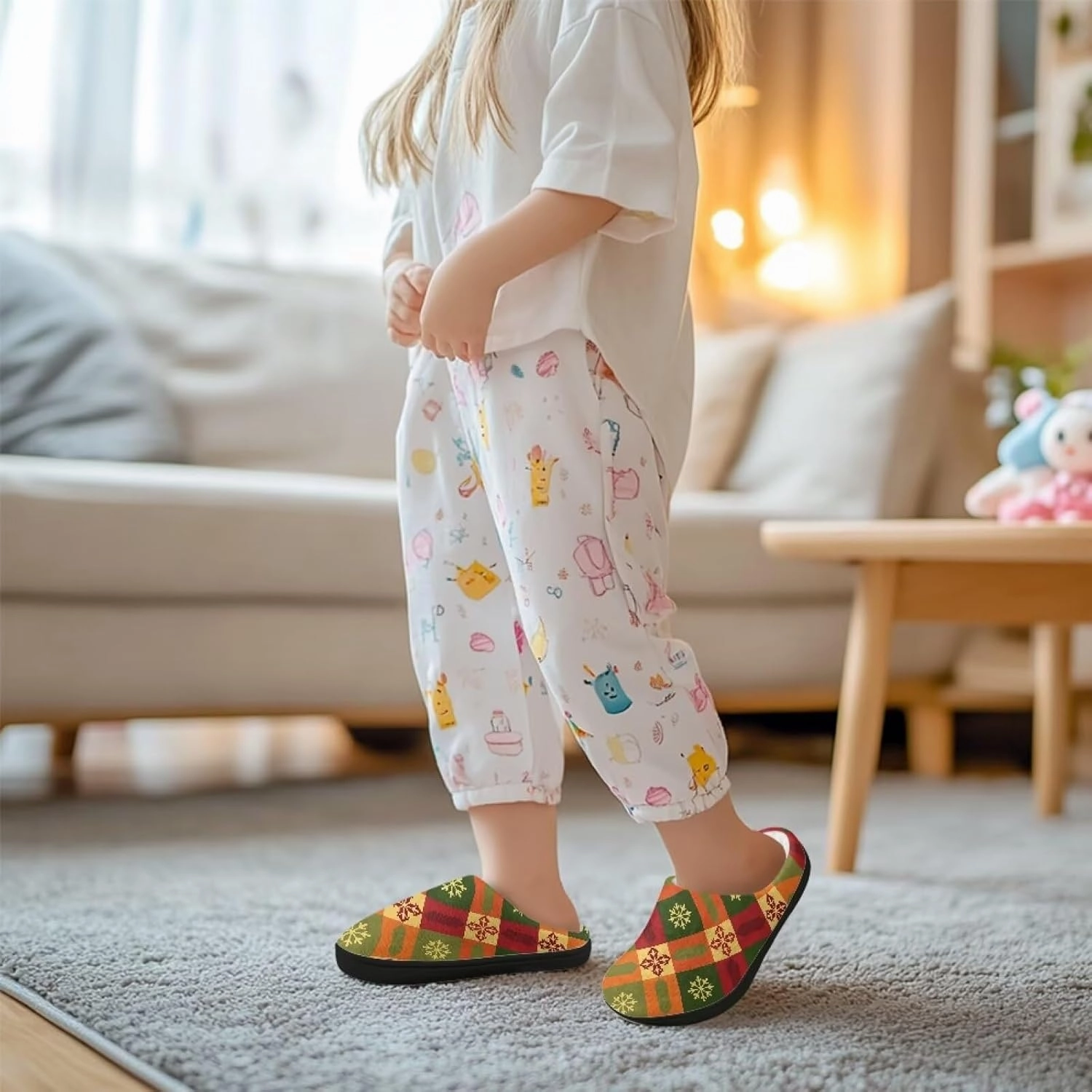 Christmas Plush Slippers for Kids Winter Warm Cozy Fluffy Breathable Cotton House Slippers Flannel Non-Slip Outdoor Slippers for Child US 9-15