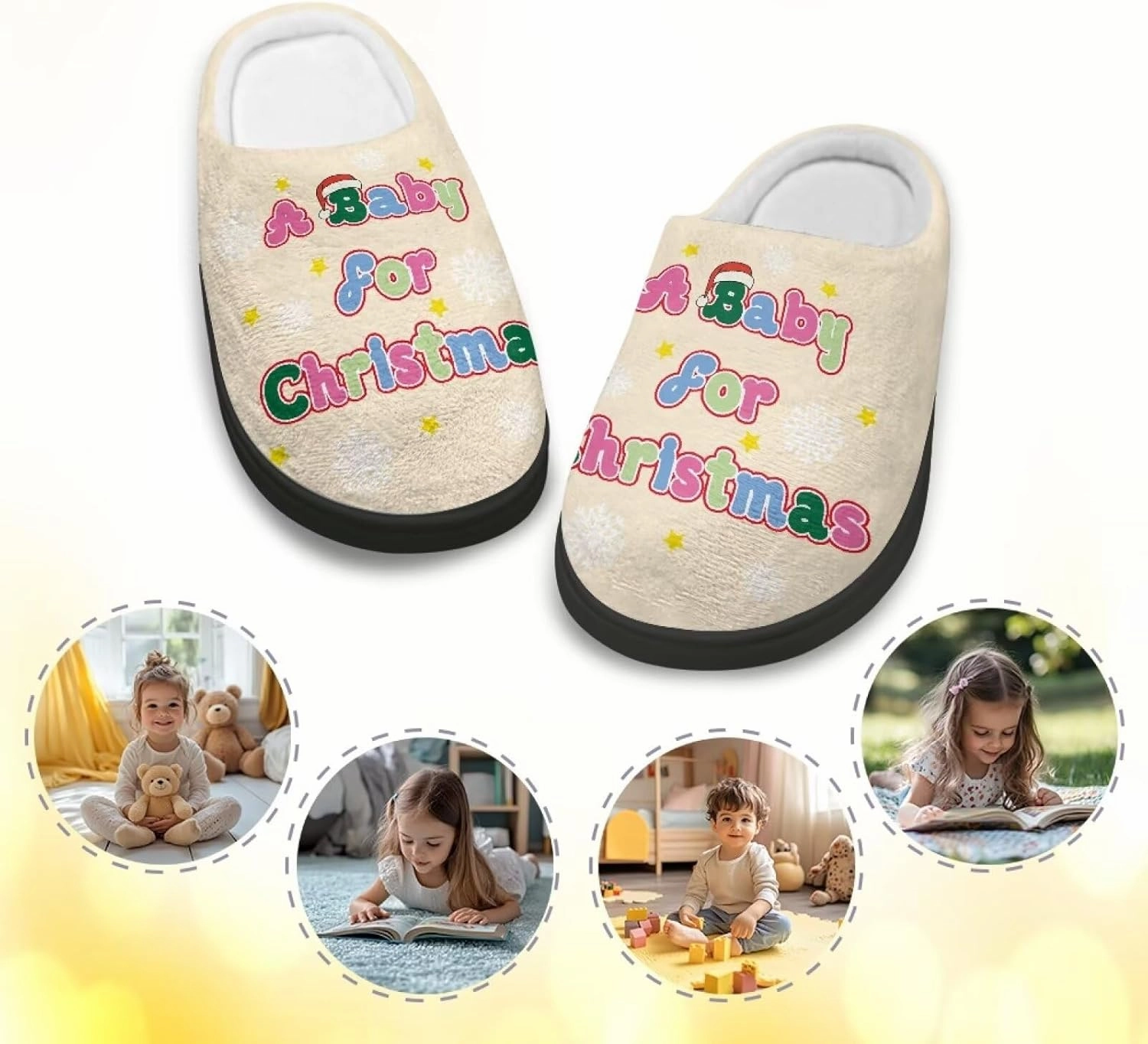 Christmas Plush Slippers for Kids Winter Warm Soft Flannel Cotton Slippers Furry Non-Slip House Outdoor Slippers for Child US 9-15