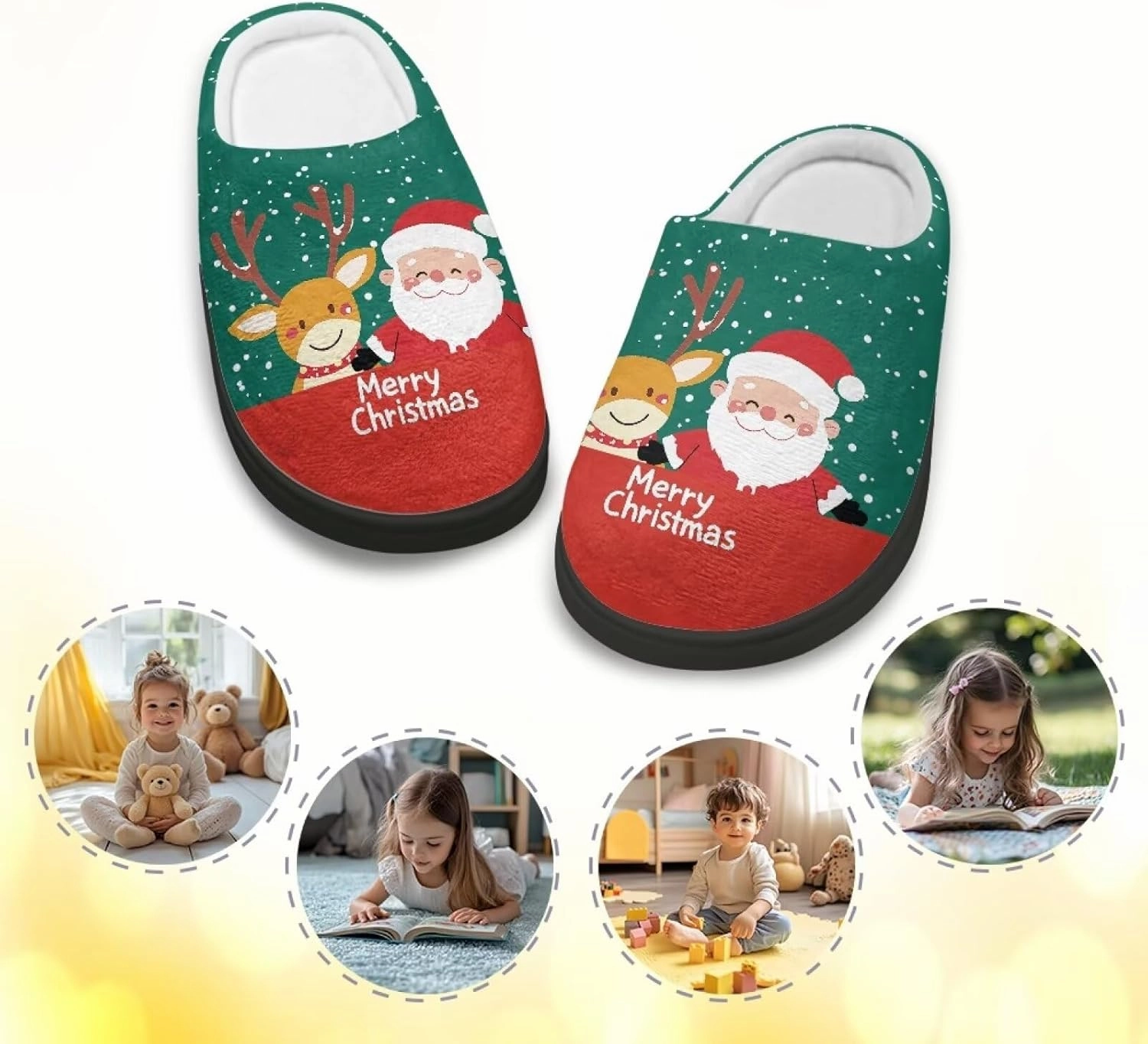 Christmas Plush Slippers for Kids Winter Warm Soft Flannel Cotton Slippers Furry Non-Slip House Outdoor Slippers for Child US 9-15