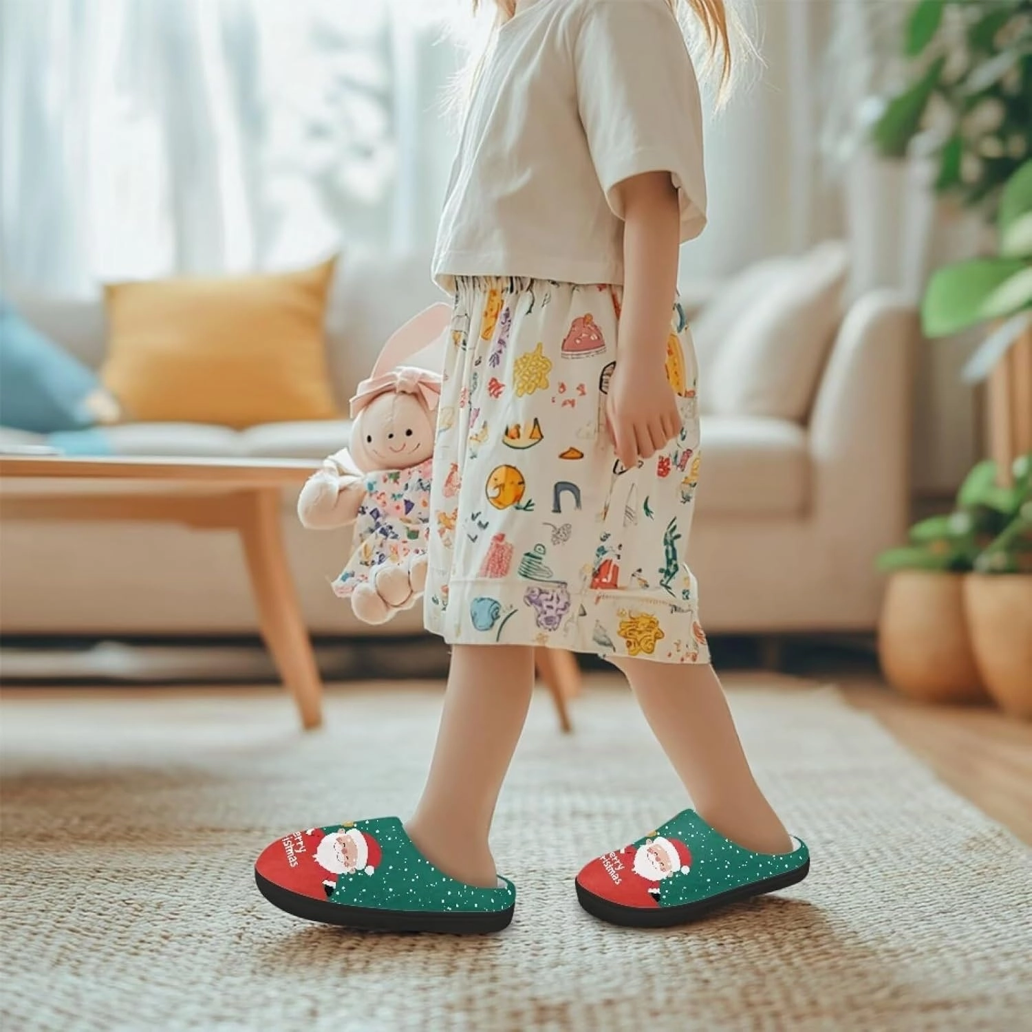 Christmas Plush Slippers for Kids Winter Warm Soft Flannel Cotton Slippers Furry Non-Slip House Outdoor Slippers for Child US 9-15